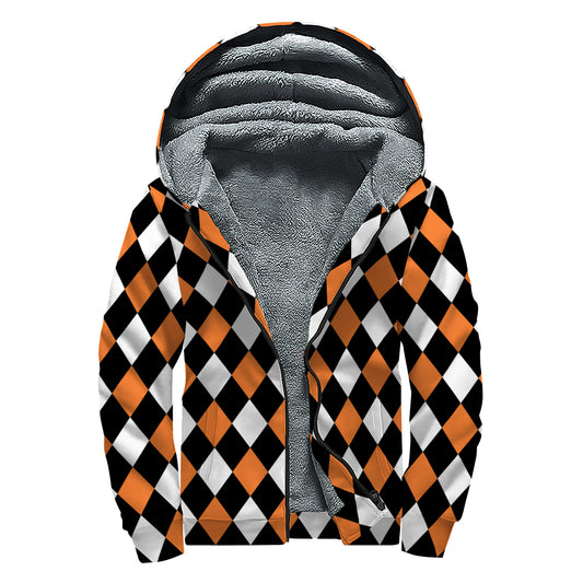 Orange Black And White Harlequin Print Sherpa Lined Zip Up Hoodie