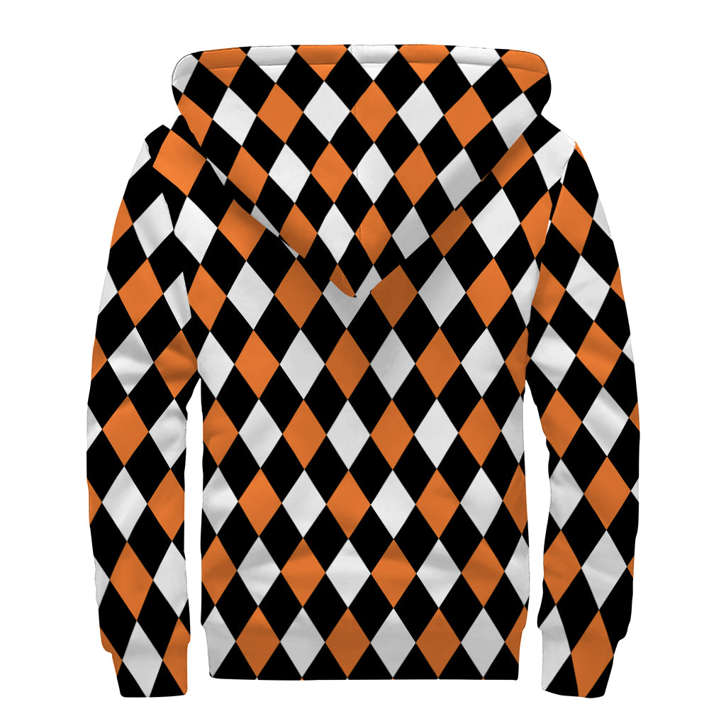 Orange Black And White Harlequin Print Sherpa Lined Zip Up Hoodie