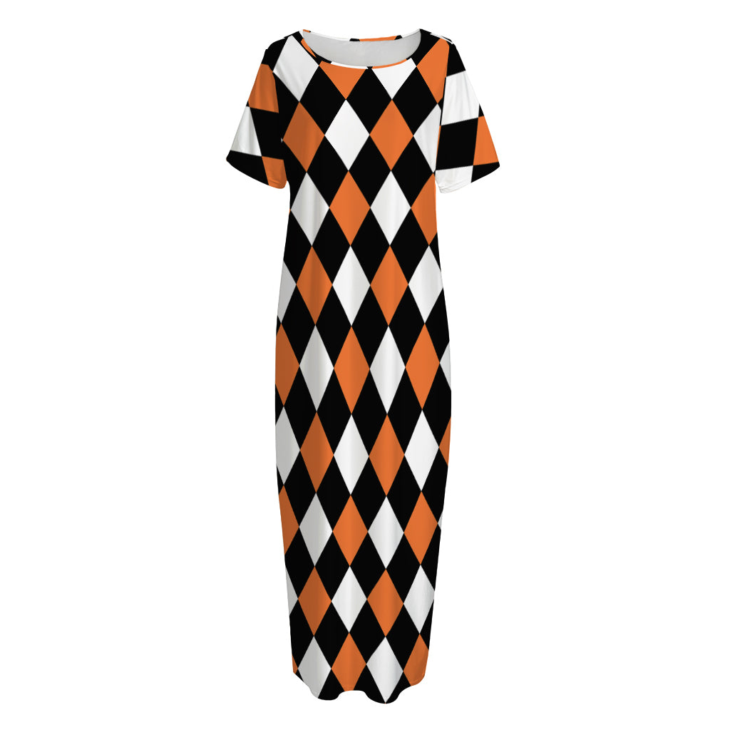 Orange Black And White Harlequin Print Short Sleeve Long Nightdress