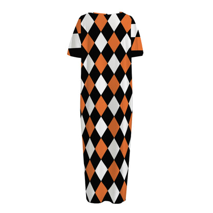 Orange Black And White Harlequin Print Short Sleeve Long Nightdress