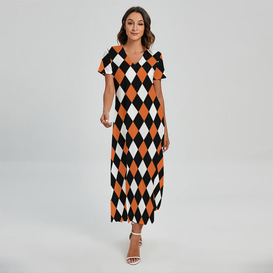 Orange Black And White Harlequin Print Short Sleeve Maxi Dress