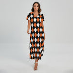 Orange Black And White Harlequin Print Short Sleeve Maxi Dress