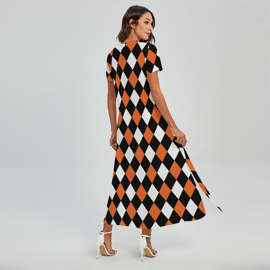 Orange Black And White Harlequin Print Short Sleeve Maxi Dress