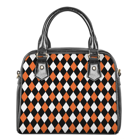 Orange Black And White Harlequin Print Shoulder Handbag