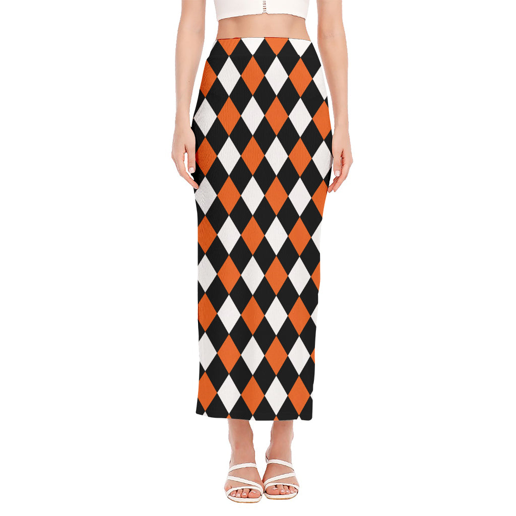 Orange Black And White Harlequin Print Side Slit Maxi Skirt