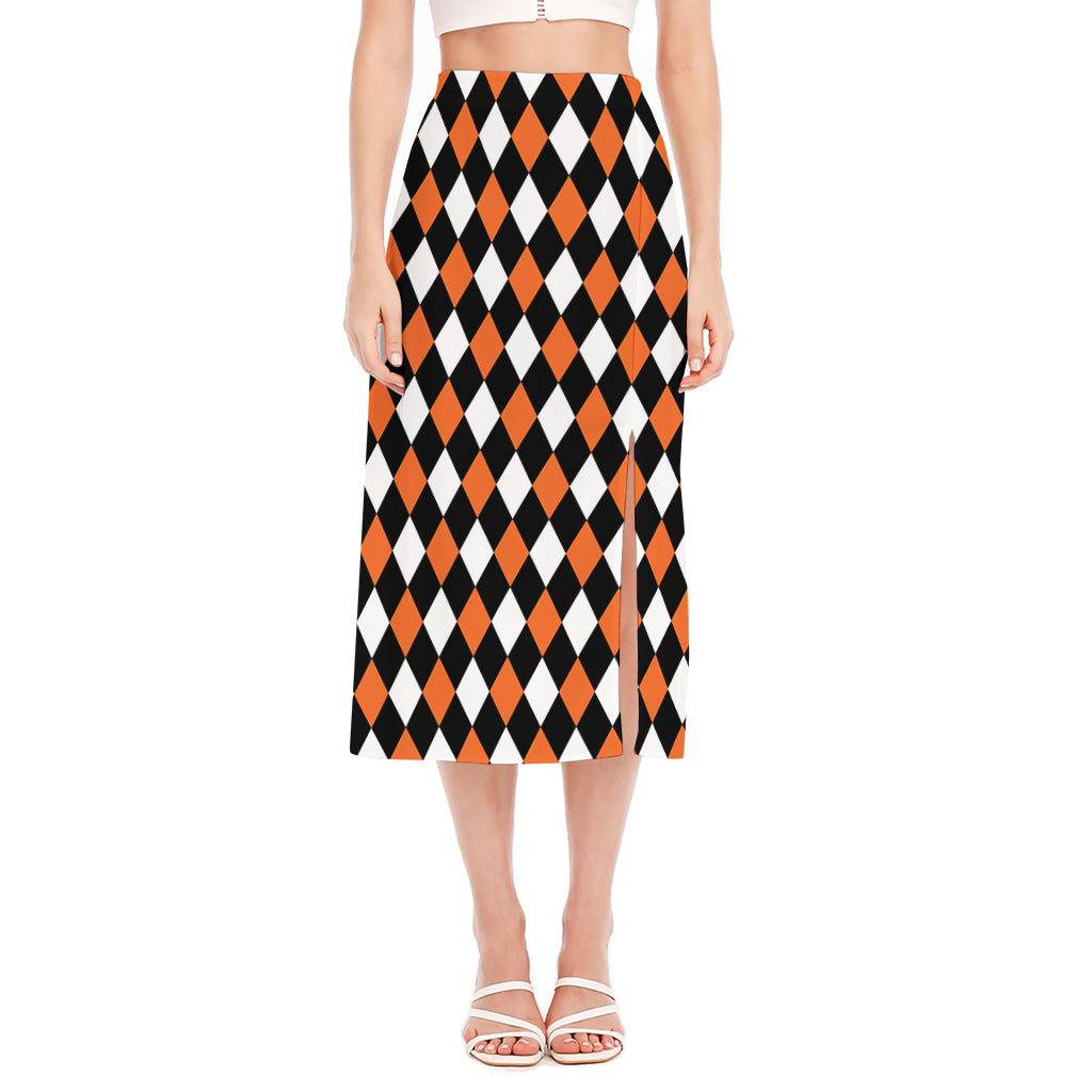 Orange Black And White Harlequin Print Side Slit Midi Skirt
