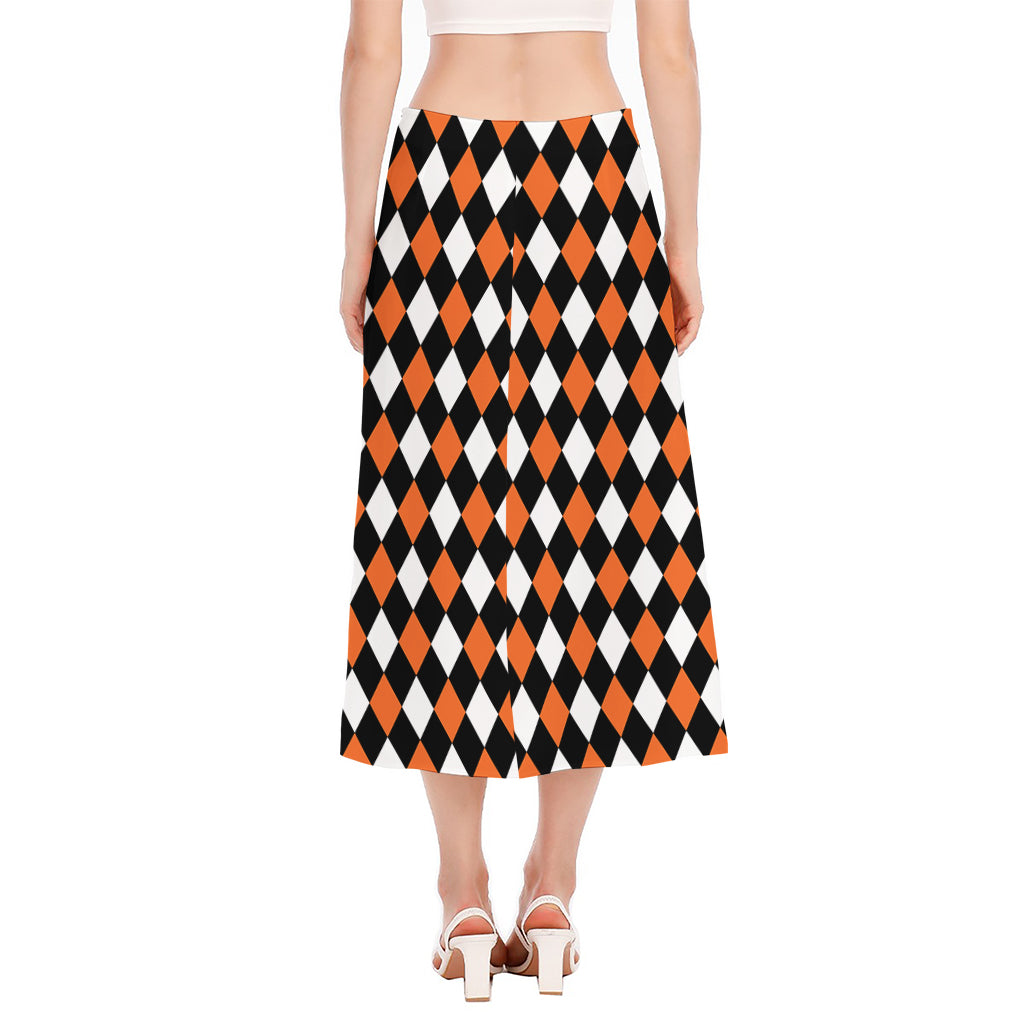 Orange Black And White Harlequin Print Side Slit Midi Skirt