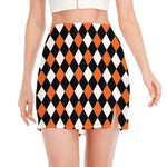 Orange Black And White Harlequin Print Side Slit Mini Skirt