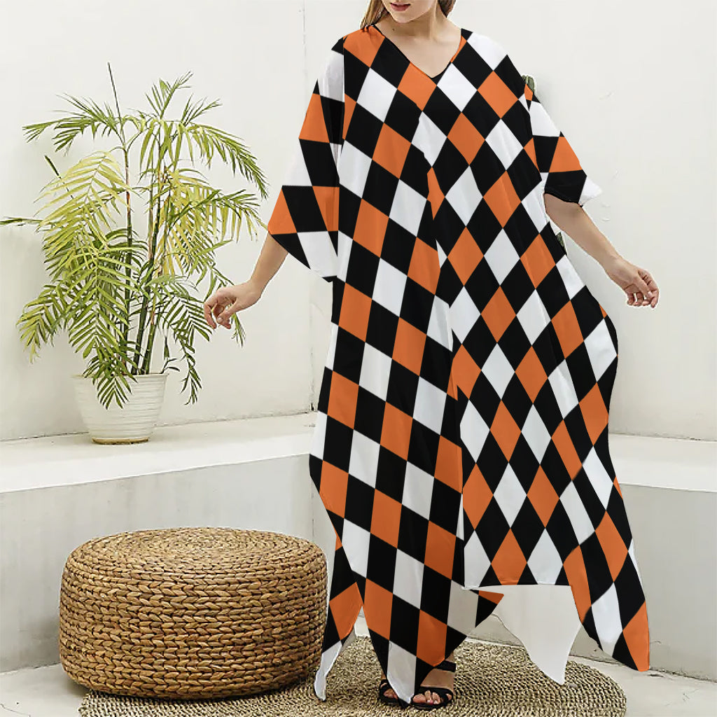 Orange Black And White Harlequin Print Silk V-Neck Kaftan Dress