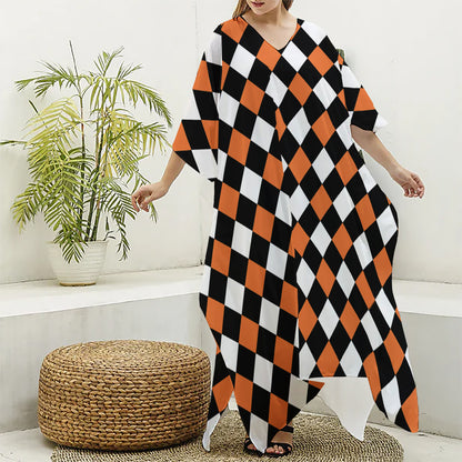 Orange Black And White Harlequin Print Silk V-Neck Kaftan Dress