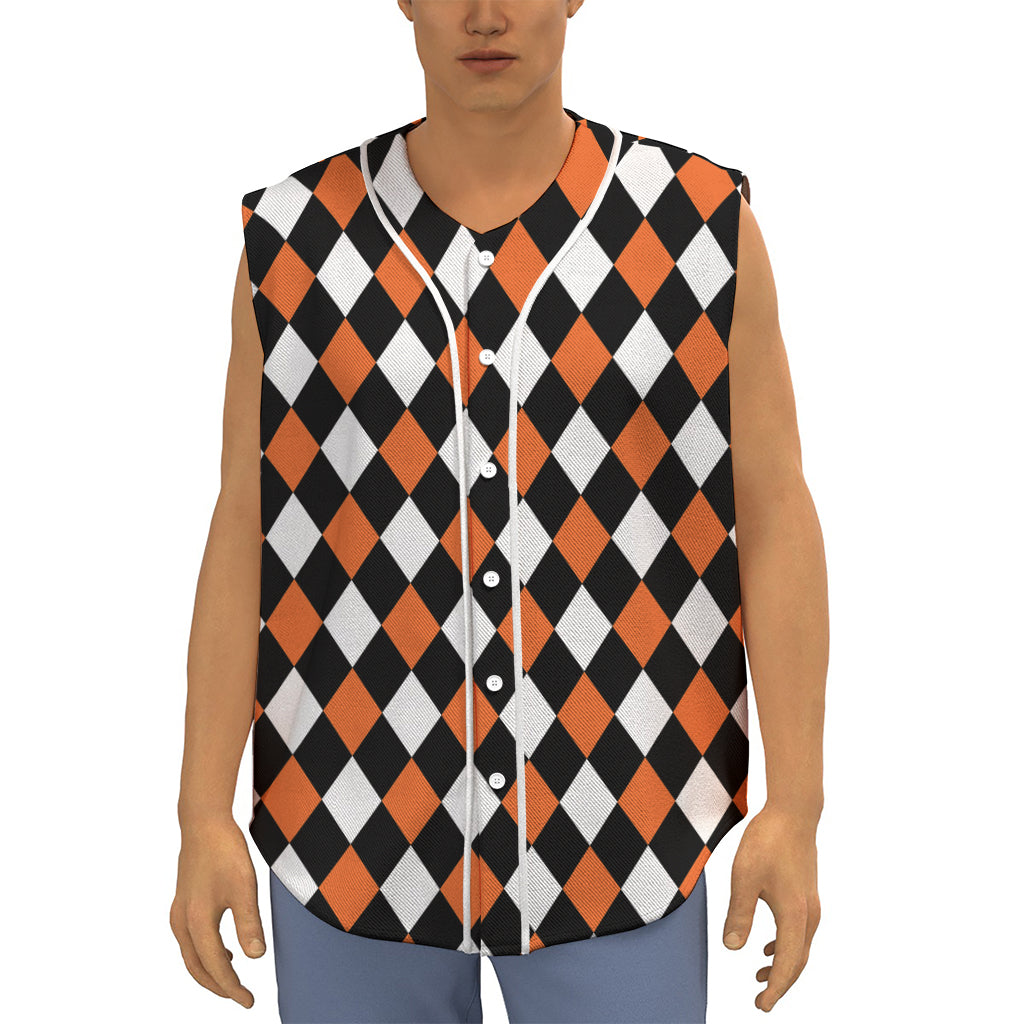 Orange Black And White Harlequin Print Sleeveless Baseball Jersey