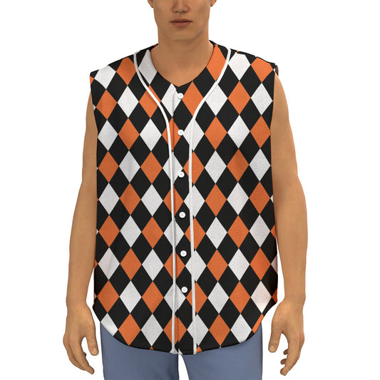 Orange Black And White Harlequin Print Sleeveless Baseball Jersey