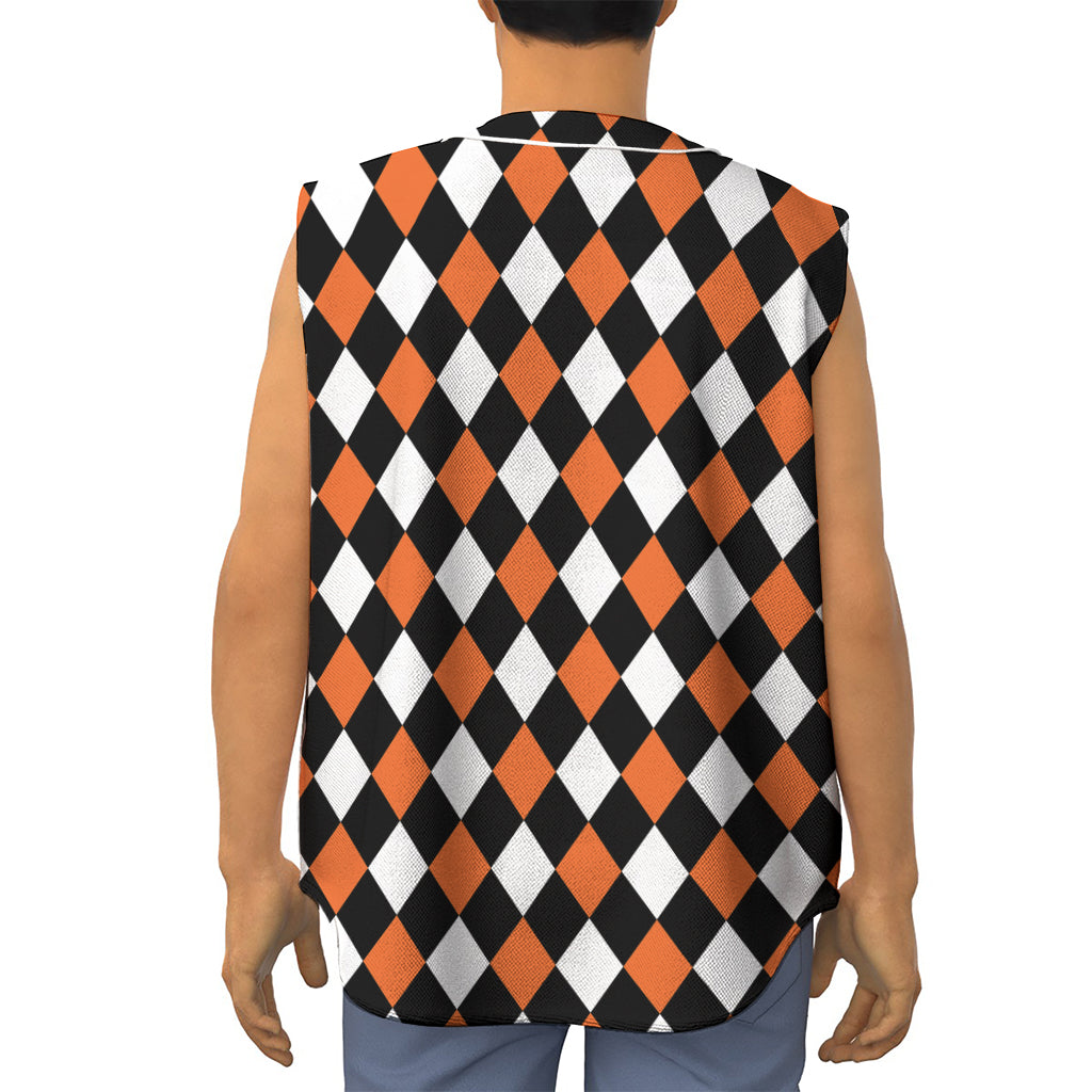 Orange Black And White Harlequin Print Sleeveless Baseball Jersey