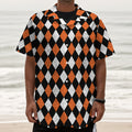 Orange Black And White Harlequin Print Textured Short Sleeve Shirt