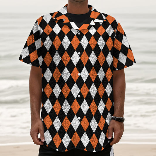 Orange Black And White Harlequin Print Textured Short Sleeve Shirt