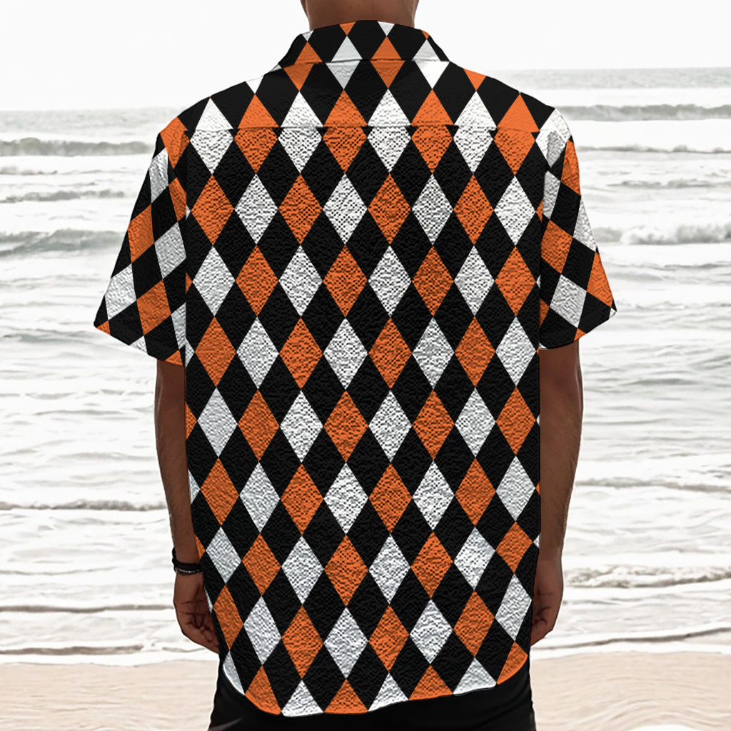 Orange Black And White Harlequin Print Textured Short Sleeve Shirt