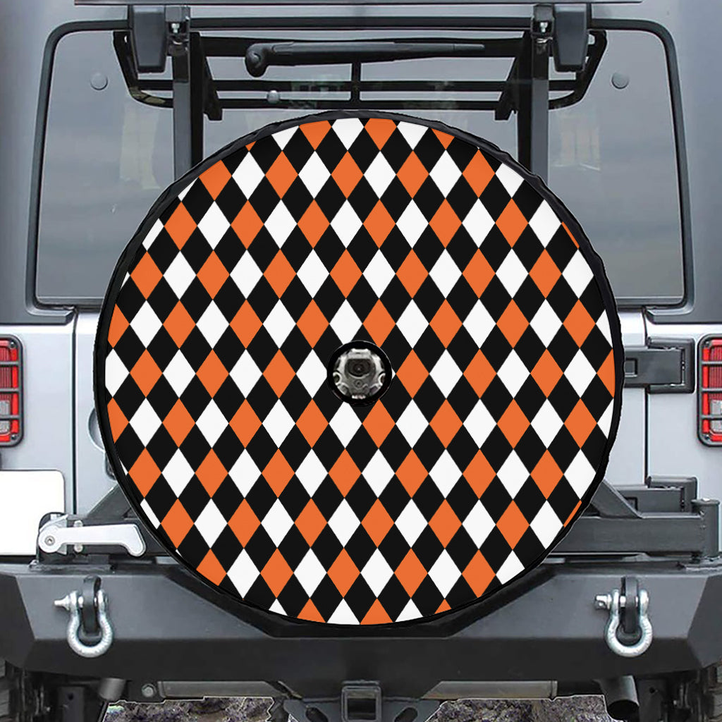 Orange Black And White Harlequin Print Tire Cover With Camera Hole