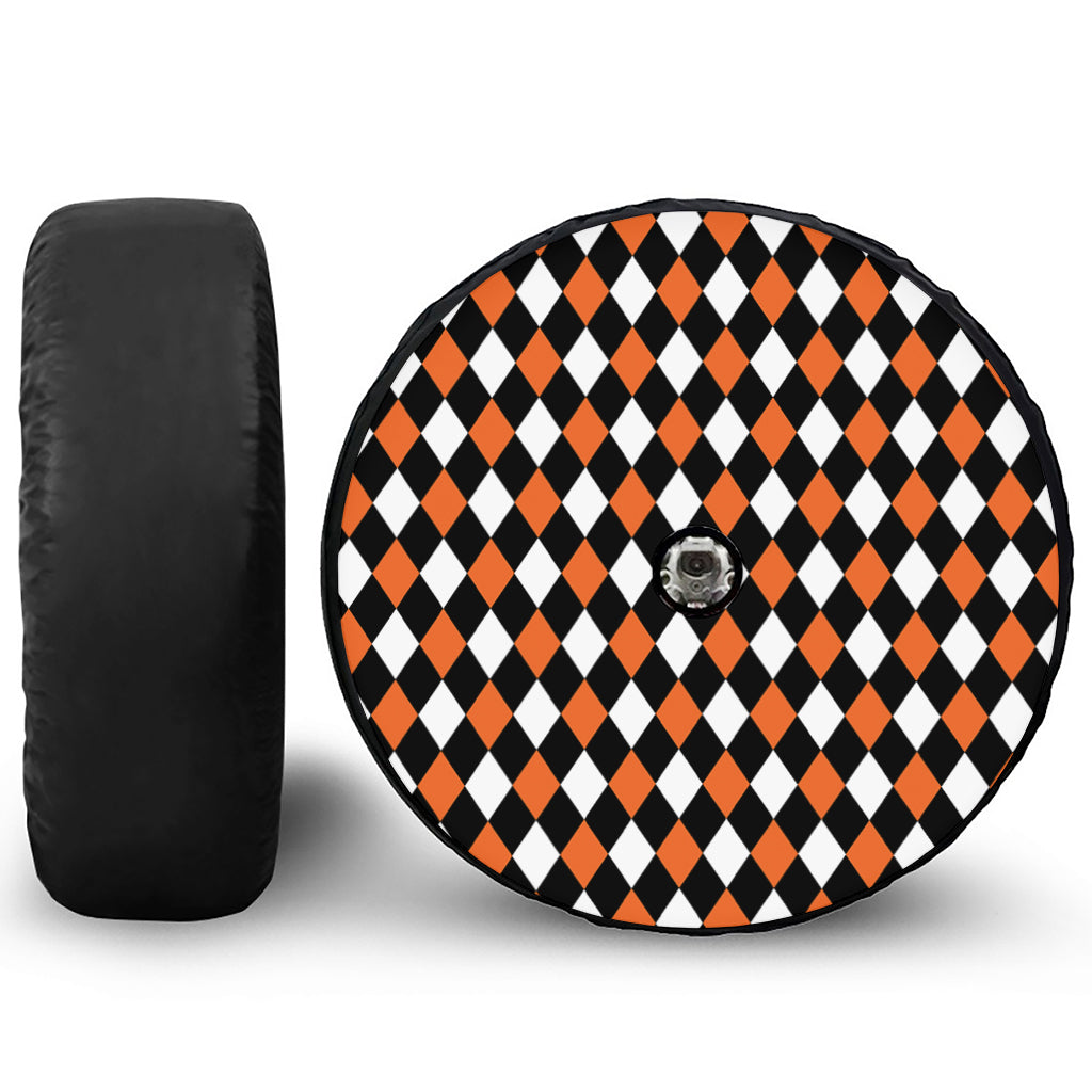 Orange Black And White Harlequin Print Tire Cover With Camera Hole