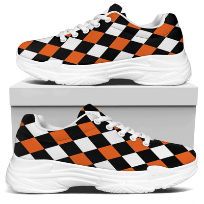 Orange Black And White Harlequin Print White Chunky Shoes