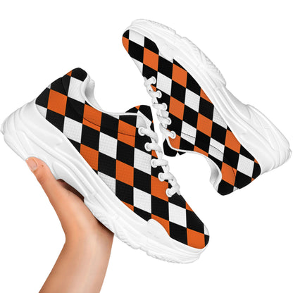 Orange Black And White Harlequin Print White Chunky Shoes