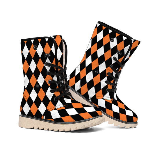 Orange Black And White Harlequin Print Winter Boots