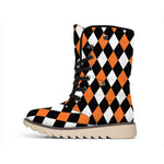 Orange Black And White Harlequin Print Winter Boots