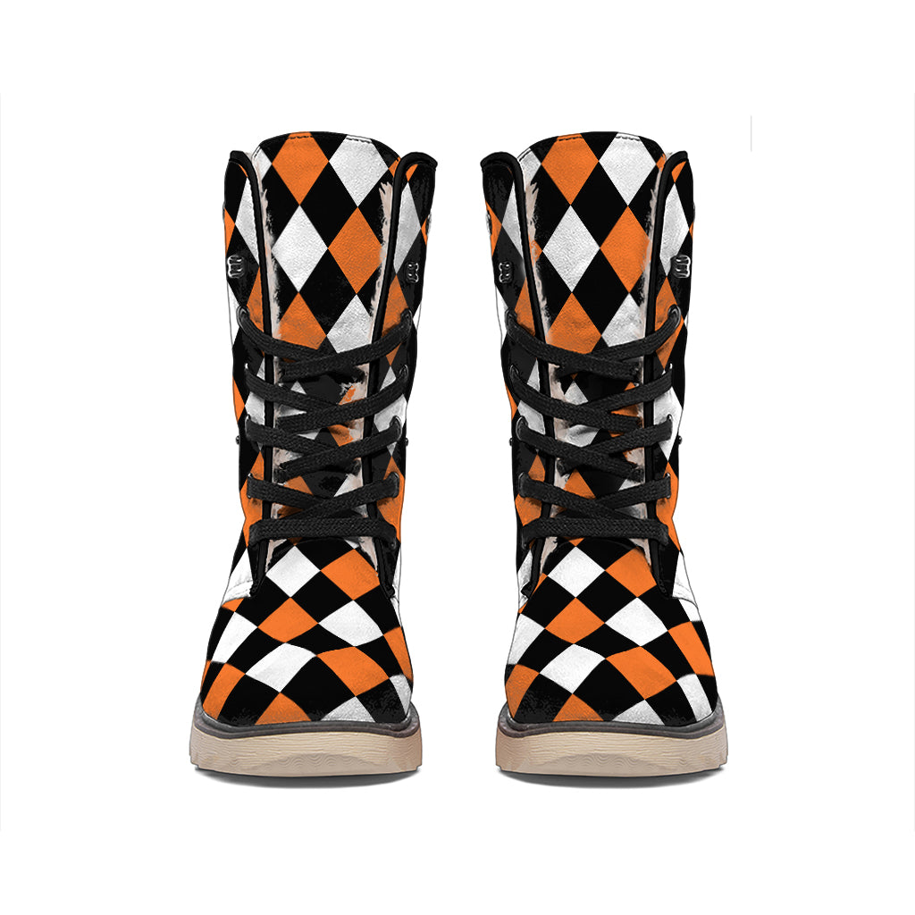 Orange Black And White Harlequin Print Winter Boots