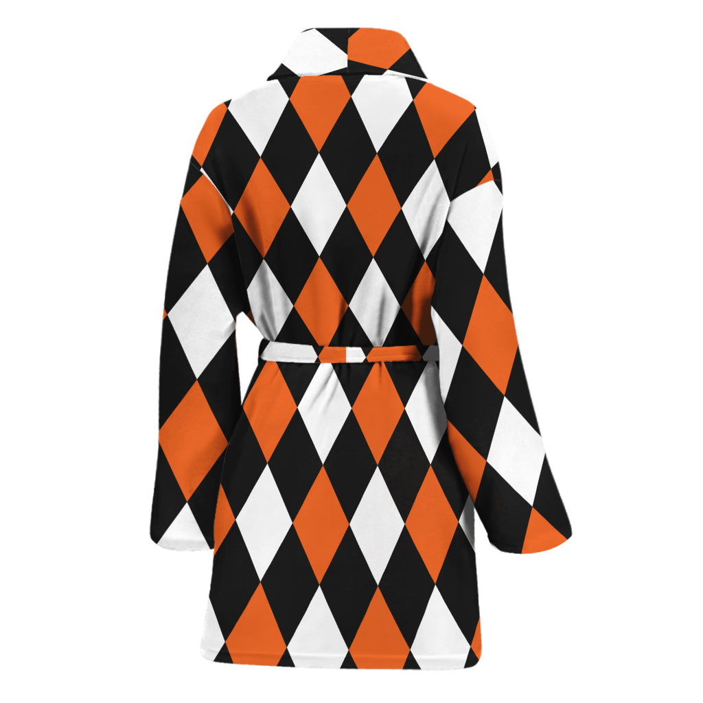 Orange Black And White Harlequin Print Women's Bathrobe