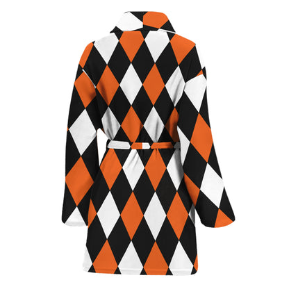 Orange Black And White Harlequin Print Women's Bathrobe