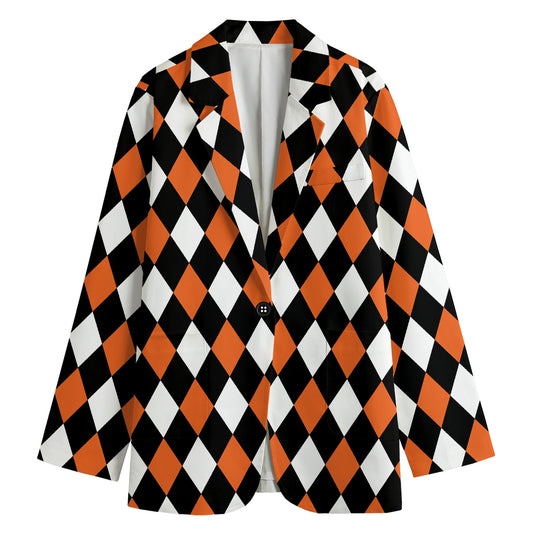 Orange Black And White Harlequin Print Women's Blazer