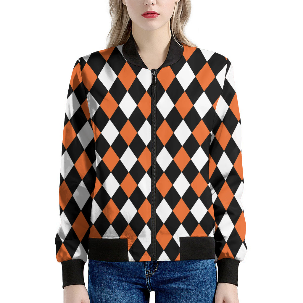 Orange Black And White Harlequin Print Women's Bomber Jacket