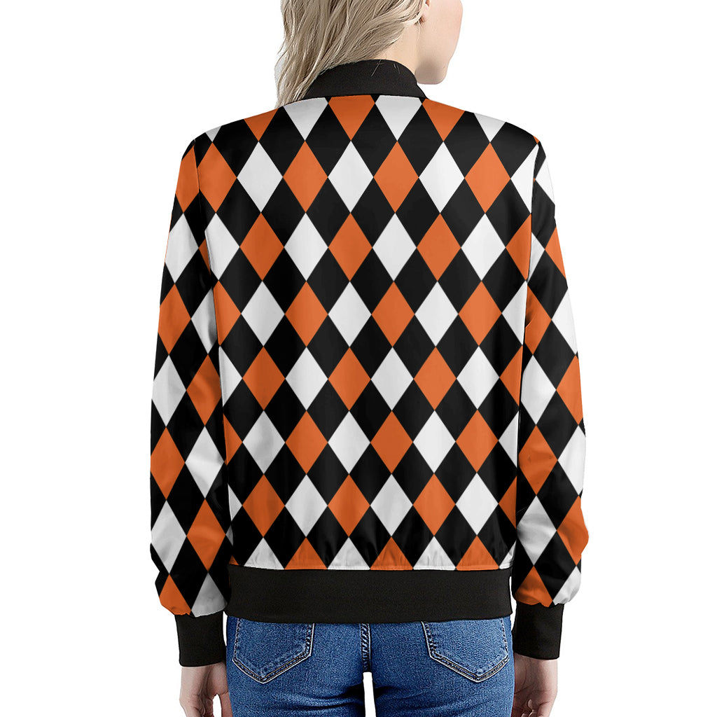Orange Black And White Harlequin Print Women's Bomber Jacket