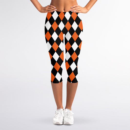 Orange Black And White Harlequin Print Women's Capri Leggings