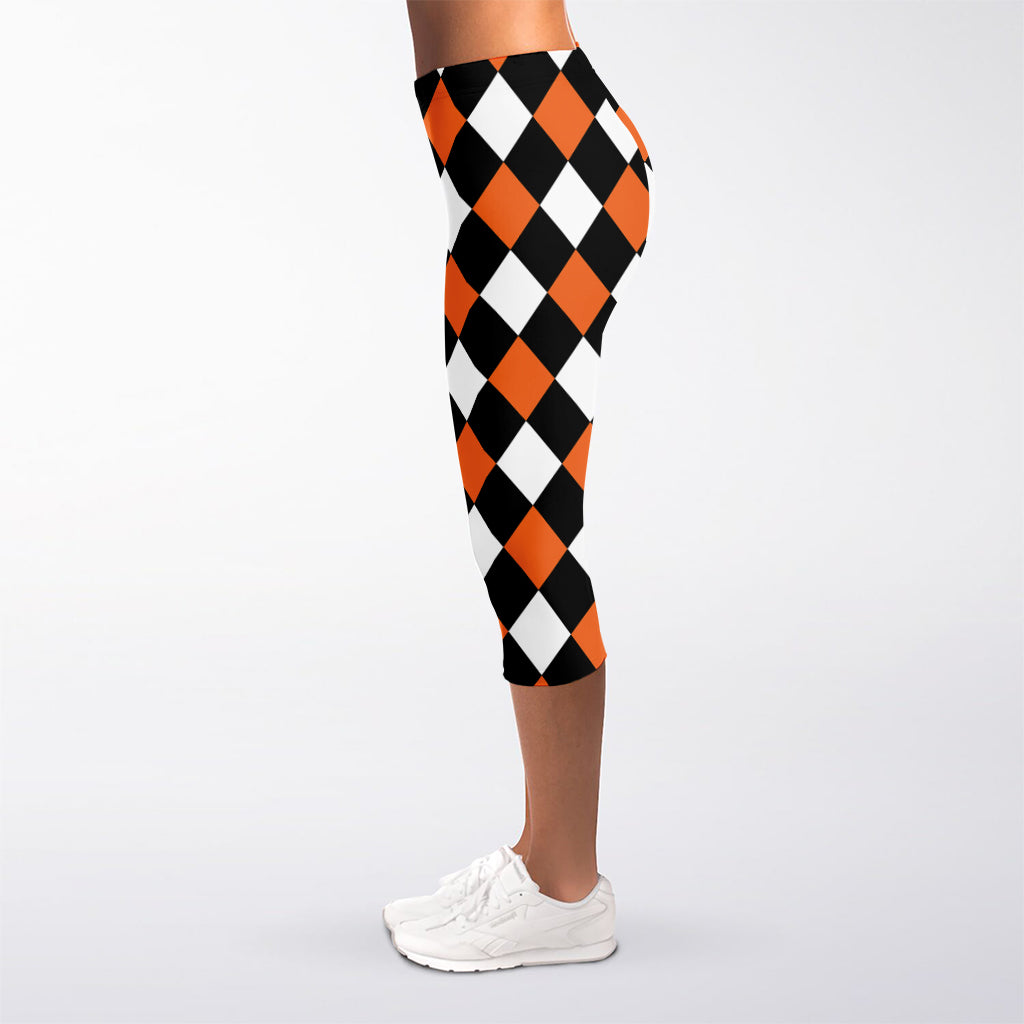 Orange Black And White Harlequin Print Women's Capri Leggings