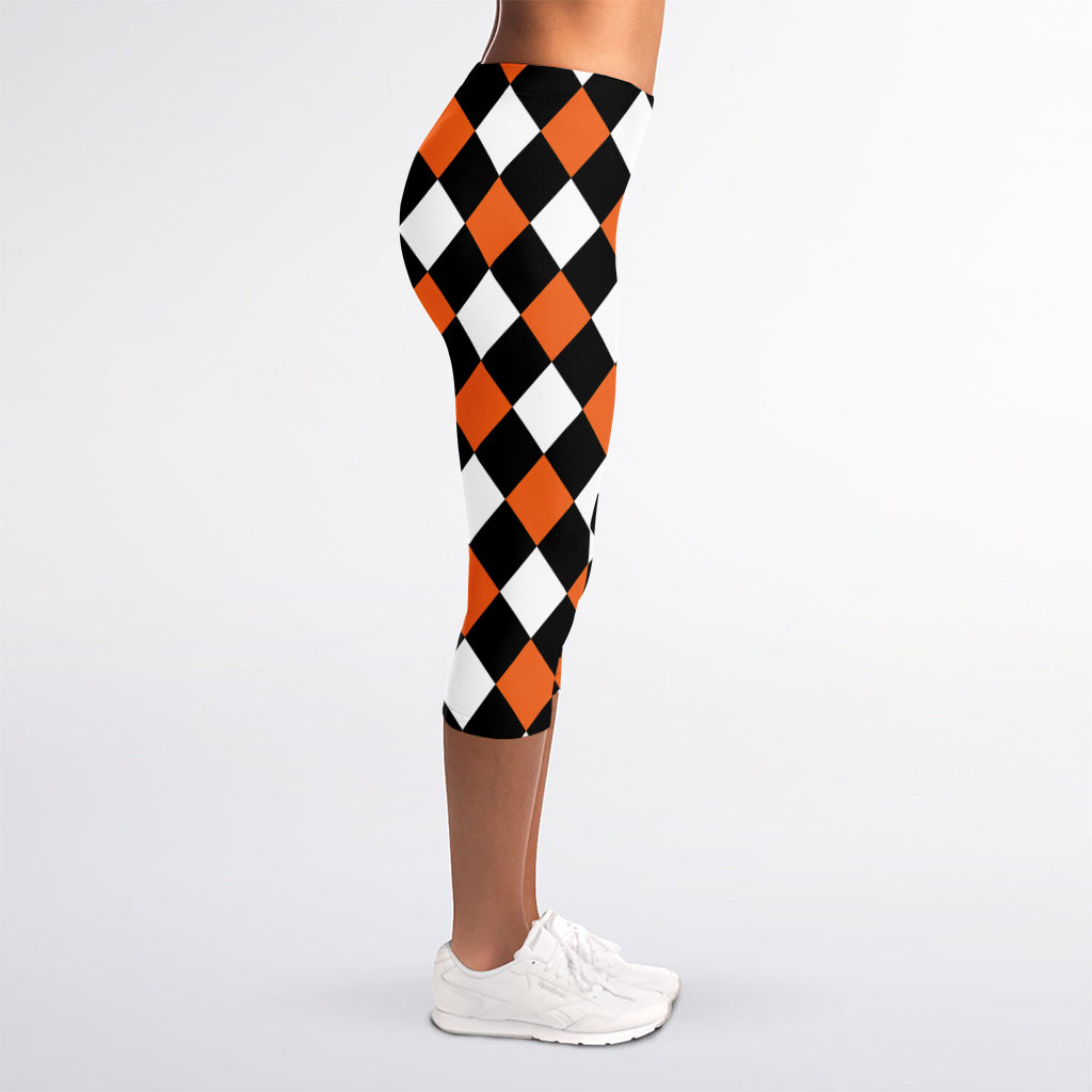 Orange Black And White Harlequin Print Women's Capri Leggings