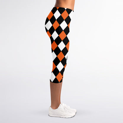 Orange Black And White Harlequin Print Women's Capri Leggings
