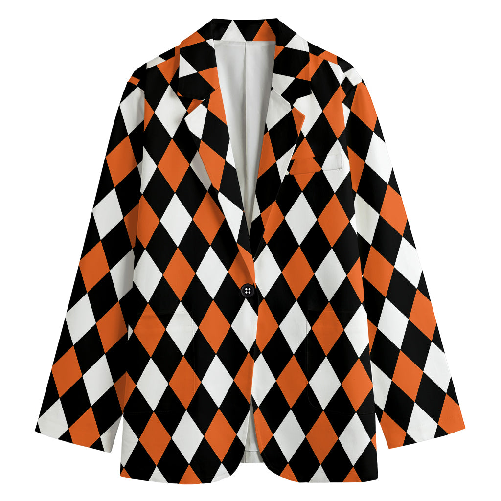 Orange Black And White Harlequin Print Women's Cotton Blazer