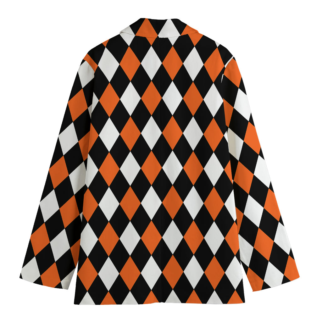Orange Black And White Harlequin Print Women's Cotton Blazer