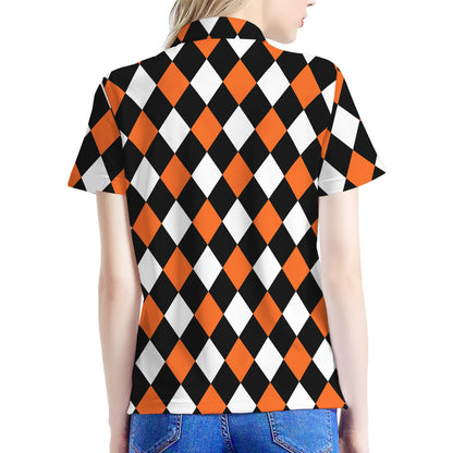 Orange Black And White Harlequin Print Women's Polo Shirt