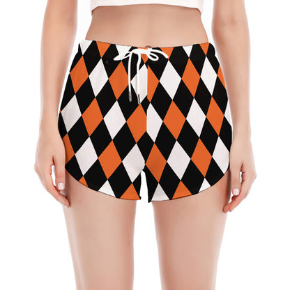 Orange Black And White Harlequin Print Women's Split Running Shorts