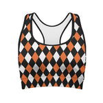 Orange Black And White Harlequin Print Women's Sports Bra