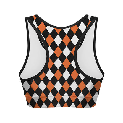 Orange Black And White Harlequin Print Women's Sports Bra
