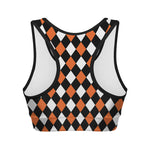 Orange Black And White Harlequin Print Women's Sports Bra