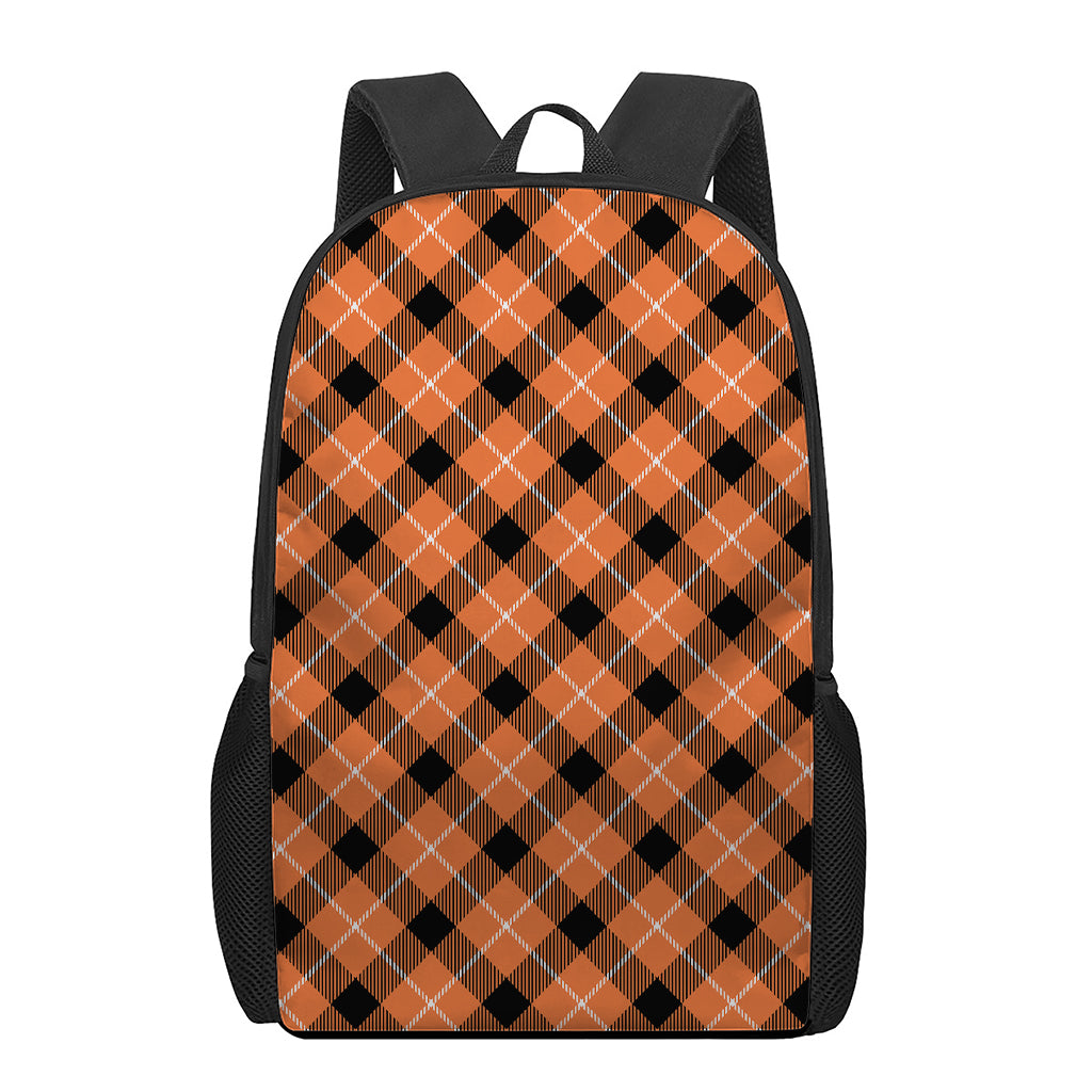 Orange Black And White Plaid Print 17 Inch Backpack