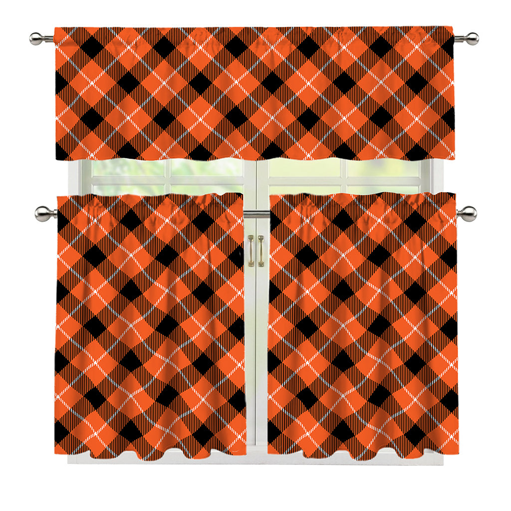 Orange Black And White Plaid Print 3 Piece Kitchen Curtains
