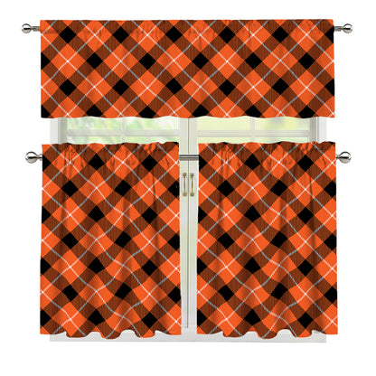 Orange Black And White Plaid Print 3 Piece Kitchen Curtains