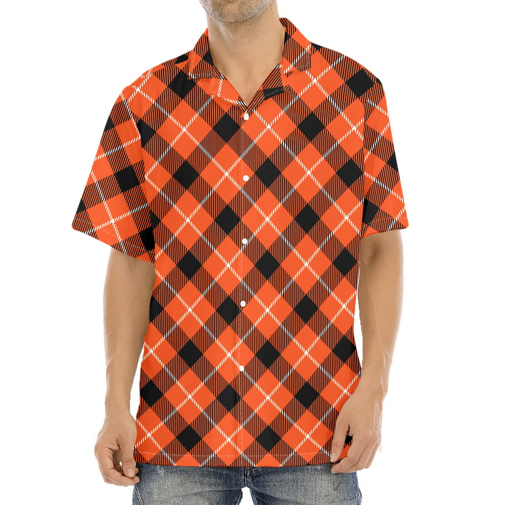 Orange Black And White Plaid Print Aloha Shirt