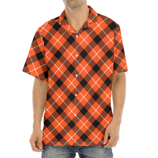 Orange Black And White Plaid Print Aloha Shirt