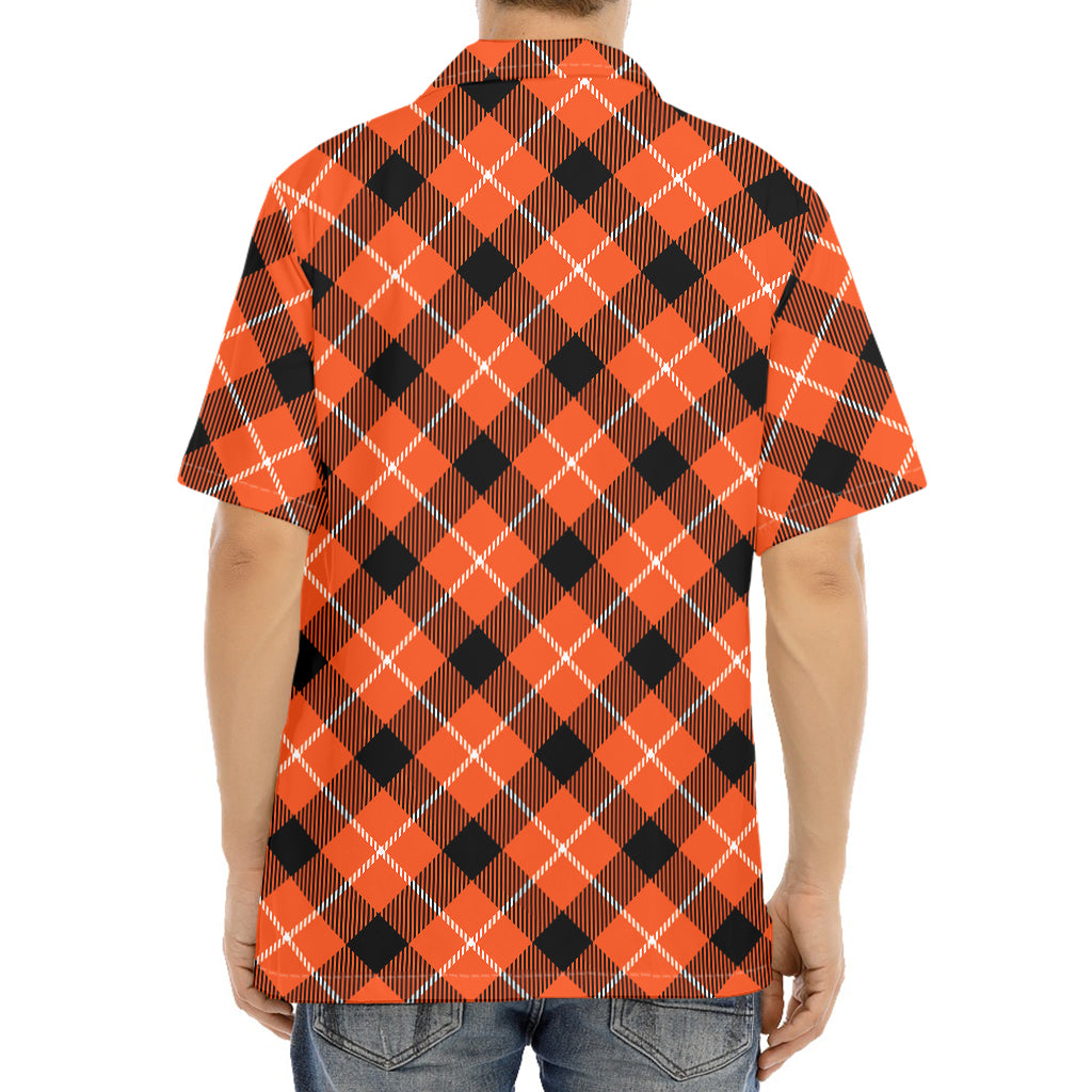 Orange Black And White Plaid Print Aloha Shirt