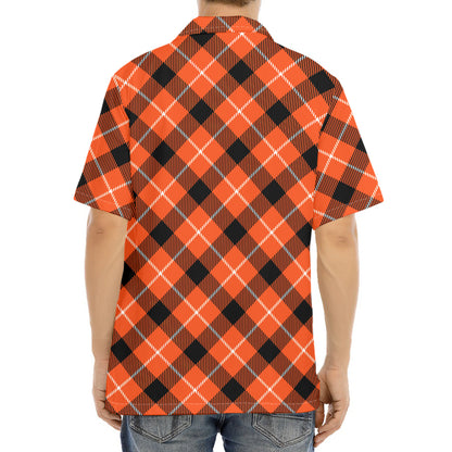 Orange Black And White Plaid Print Aloha Shirt